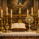 Altar mit Messbuch, Monstanzen, Kelchen, Kerzen und anderen liturgischen Geräten